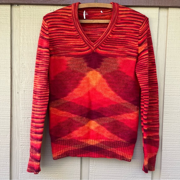 70 Multi Colored Stripe Burnt Orange Red Wool Sweater Variegated Geometric 38 S - Picture 2 of 11